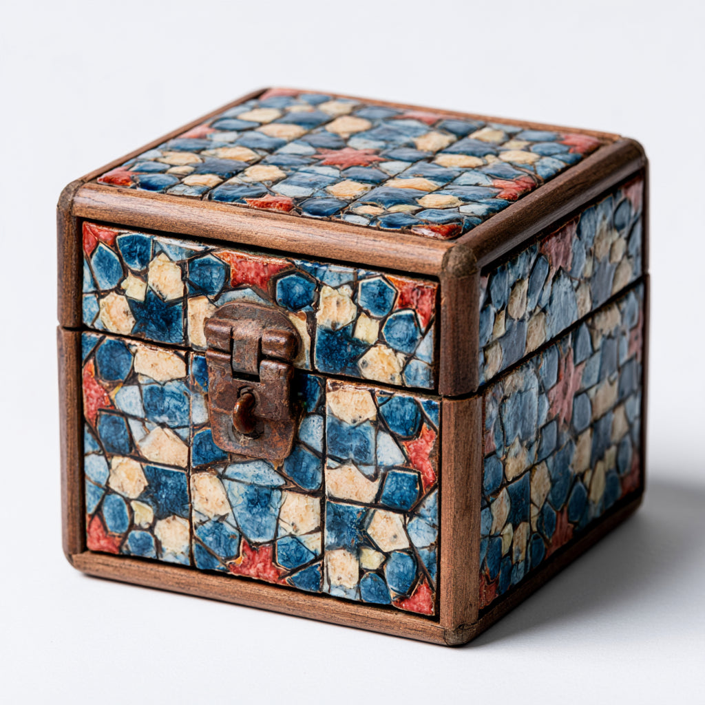 Joyeros - Madera-Metal - 16 x 16 x 13 cm - Azul-Crema-Rojo-Marron - Mosaico cuadrado