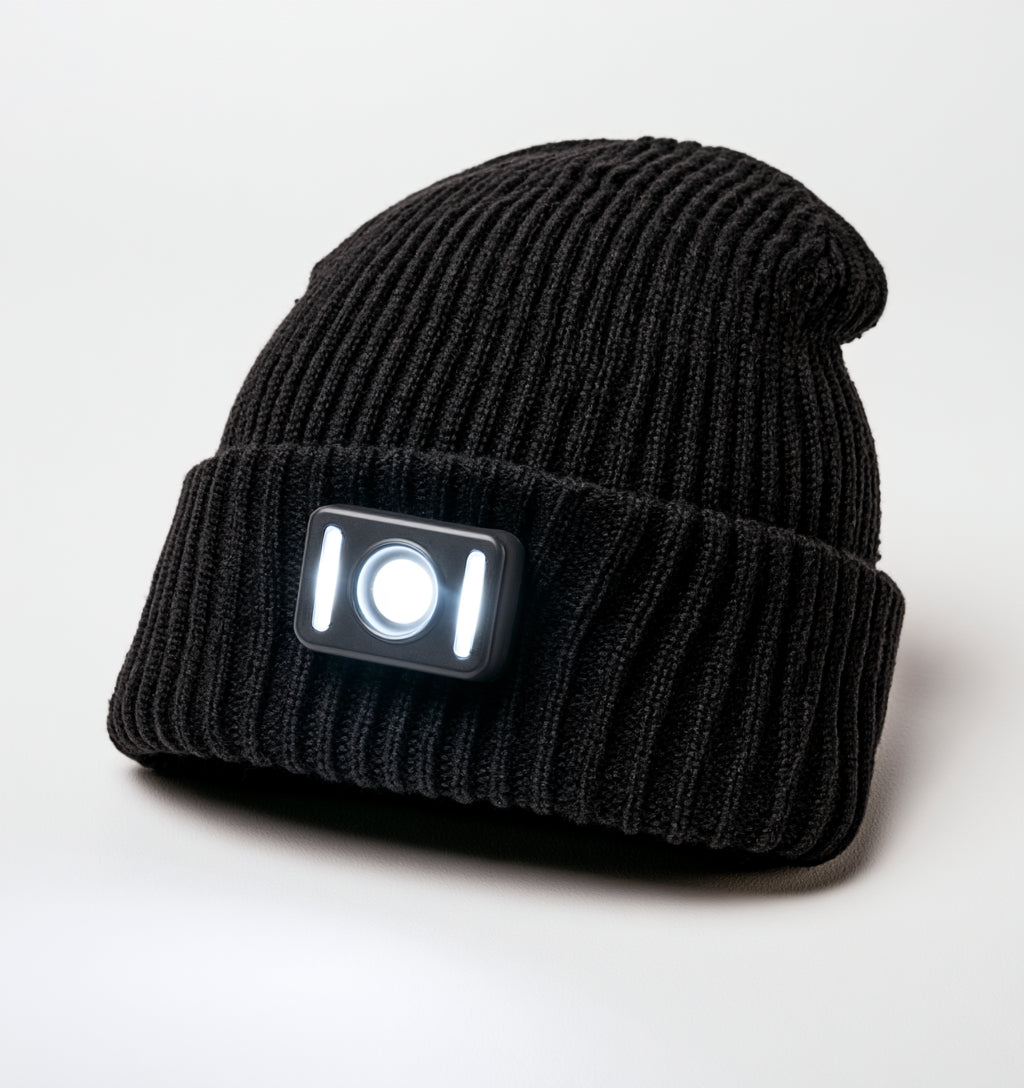 Gorros con Luz LED - Acrilico - 29 x 22 cm - Negro - Punto acanalado con modulo triple de iluminacion