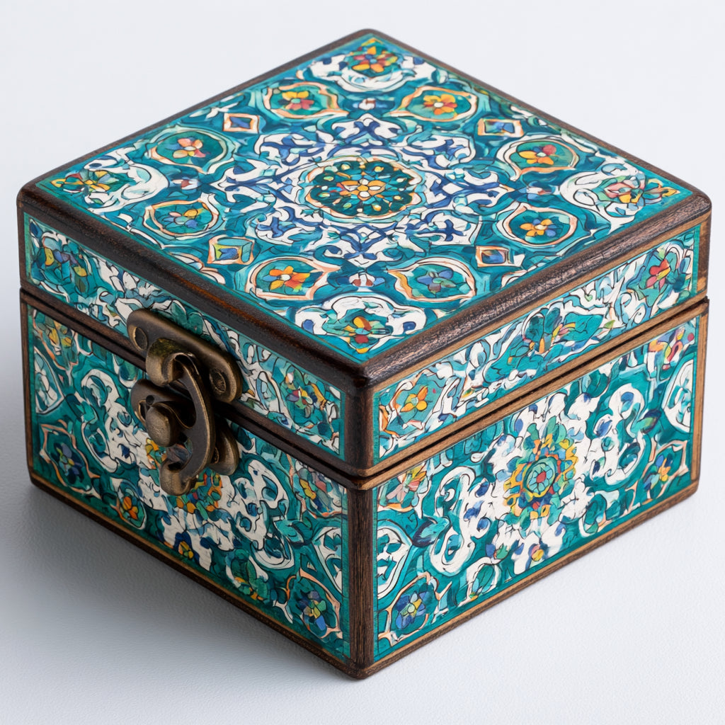 Joyeros - Madera-Metal - 21 x 21 x 10 cm - Turquesa-Blanco-Azul-Amarillo-Marron - Floral oriental