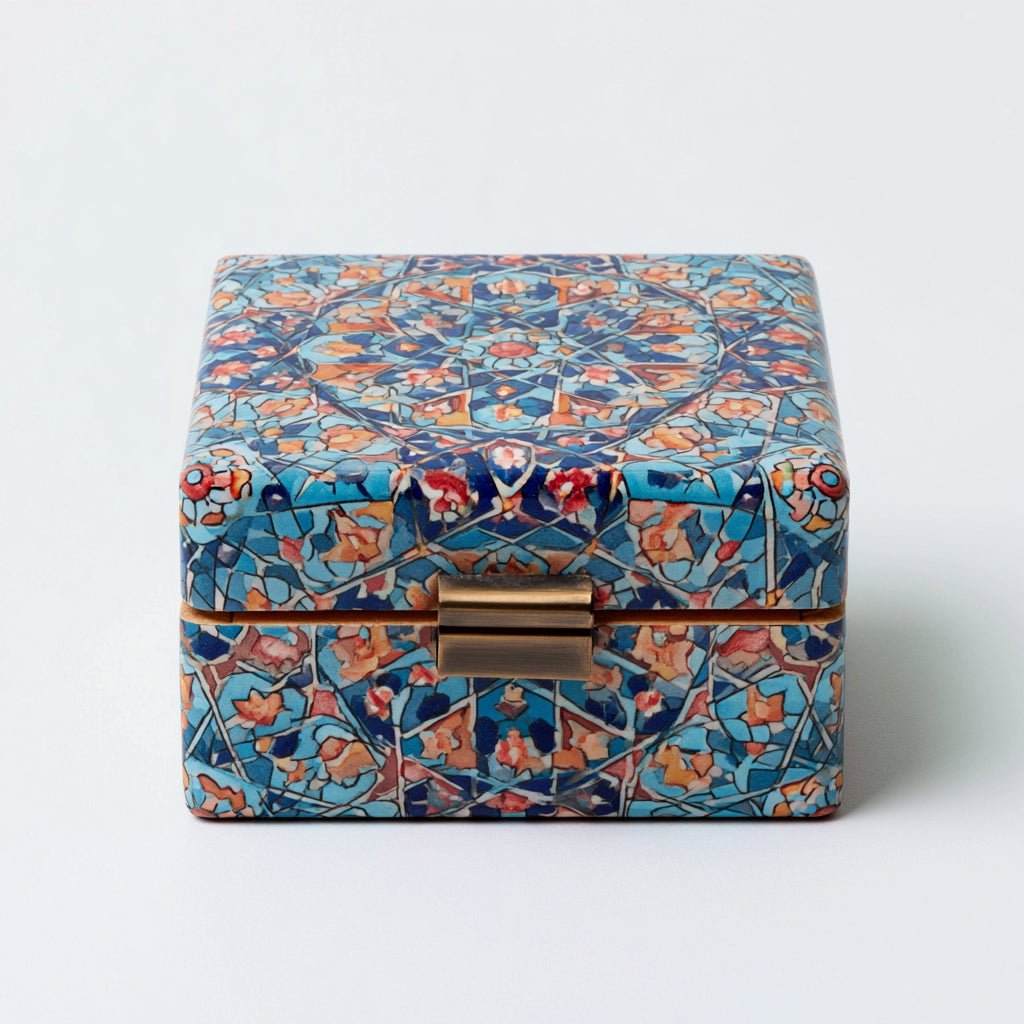 Joyeros-Madera-Metal-16 x 16 x 8 cm-Azul-Naranja-Blanco-Dorado-Mosaico vintage