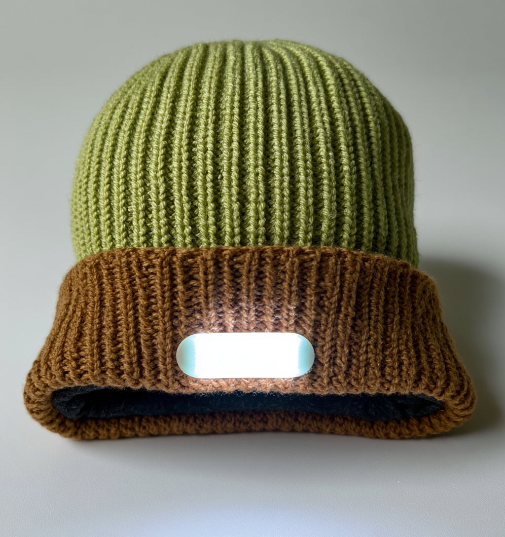 Gorros con Luz LED - Acrilico - 28 x 23 cm - Verde-Marron - Bicolor de punto acanalado con luz frontal rectangular