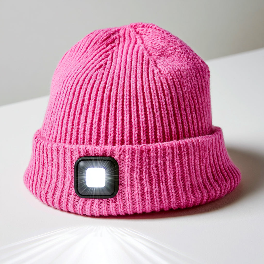 Gorros con Luz LED - Acrilico - 27 x 22 cm - Rosa - Punto elastico con foco cuadrado frontal
