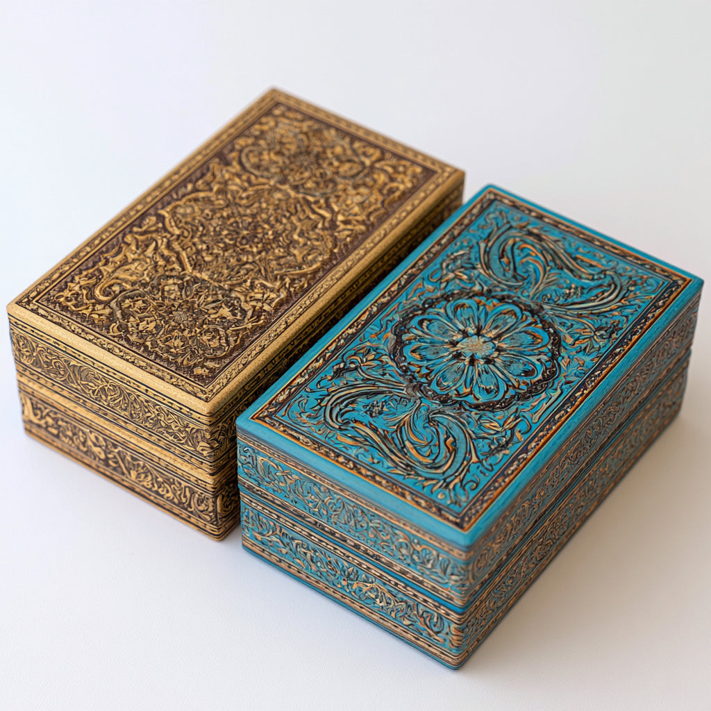 Joyeros - Madera-Metal - 23 x 13 x 8 cm - Dorado-Turquesa-Marron - Grabado floral