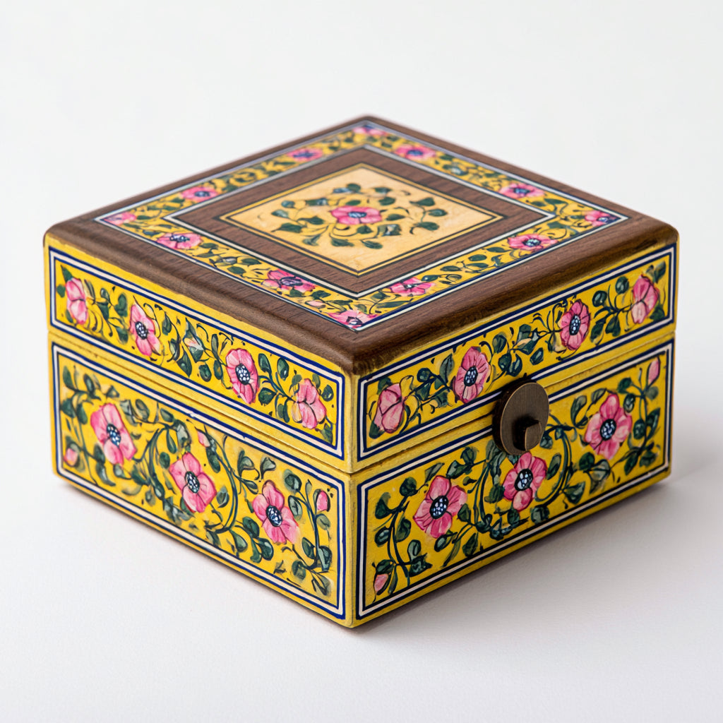 Joyeros - Madera-Metal - 21 x 21 x 10 cm - Amarillo-Rosa-Verde-Marron - Floral pintado