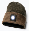 Gorros con Luz LED - Acrilico - 27 x 22 cm - Verde Oliva-Marron - Punto clasico bicolor con luz cuadrada frontal