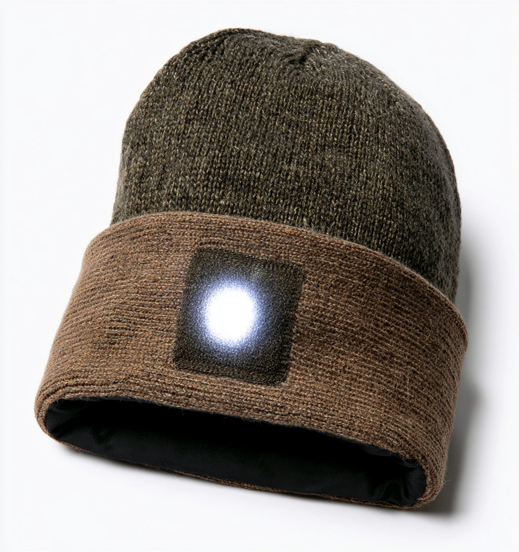 Gorros con Luz LED - Acrilico - 27 x 22 cm - Verde Oliva-Marron - Punto clasico bicolor con luz cuadrada frontal