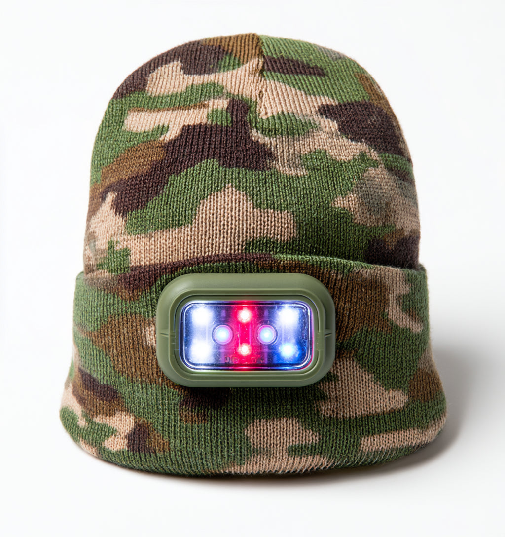 Gorros con Luz LED - Acrilico - 27 x 23 cm - Verde-Marron-Beige-Negro - Camuflaje tactico con modulo LED frontal