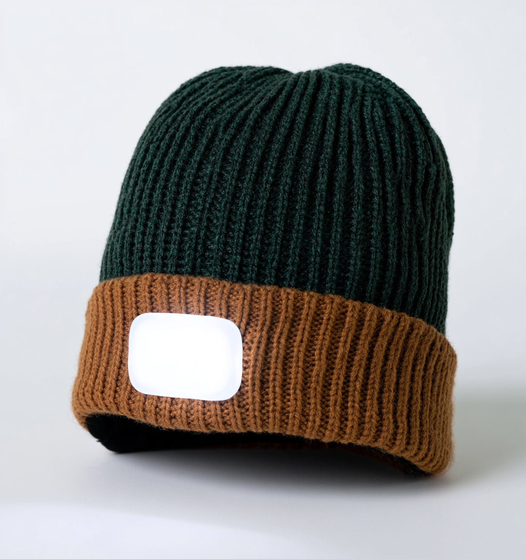 Gorros con Luz LED - Acrilico - 28 x 22 cm - Verde Oscuro-Marron - Bicolor urbano con luz frontal rectangular