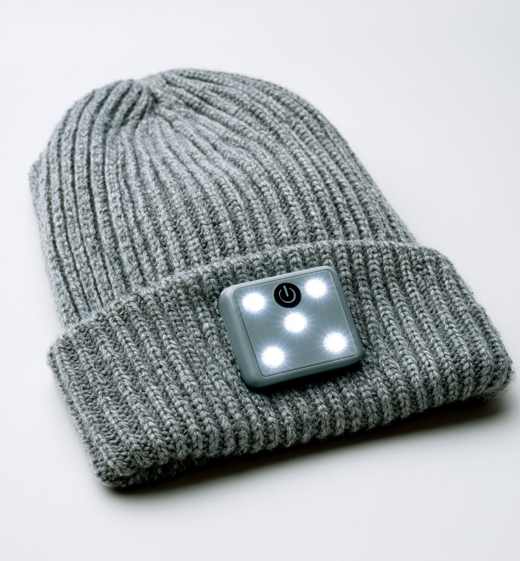 Gorros con Luz LED - Acrilico - 28 x 23 cm - Gris Claro - Punto acanalado con panel LED multifoco