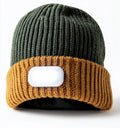 Gorros con Luz LED - Acrilico - 28 x 23 cm - Verde Oscuro-Marron - Bicolor de punto acanalado con luz frontal rectangular