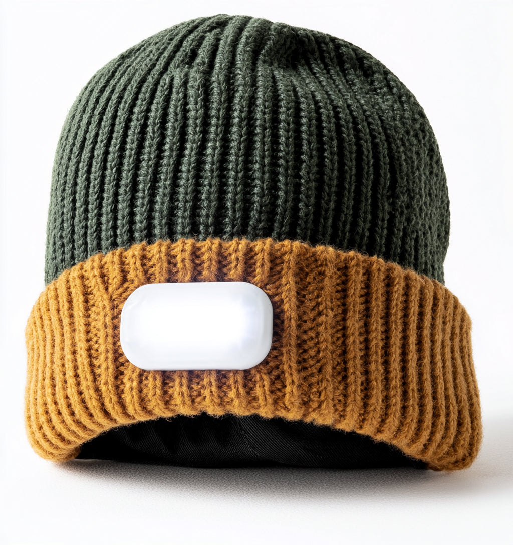 Gorros con Luz LED - Acrilico - 28 x 23 cm - Verde Oscuro-Marron - Bicolor de punto acanalado con luz frontal rectangular