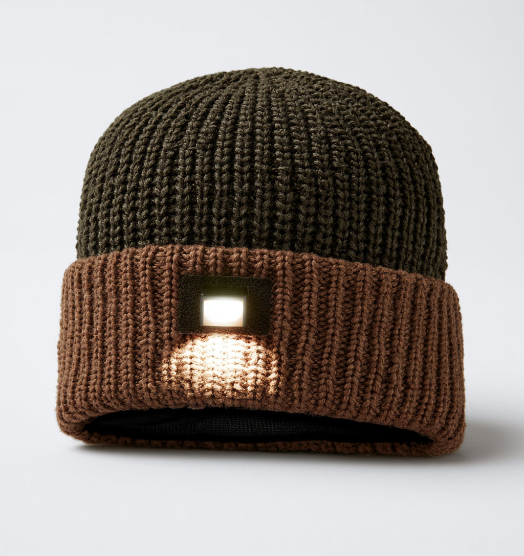 Gorros con Luz LED - Acrilico - 28 x 23 cm - Verde Oliva-Marron - Bicolor de punto grueso con foco cuadrado frontal