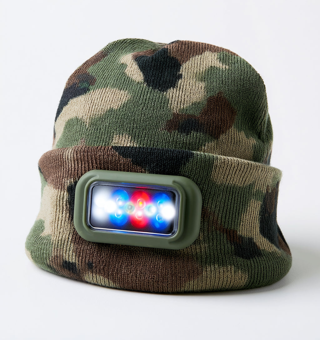 Gorros con Luz LED - Acrilico - 28 x 23 cm - Verde-Marron-Beige-Negro - Camuflaje outdoor con panel luminoso multicolor