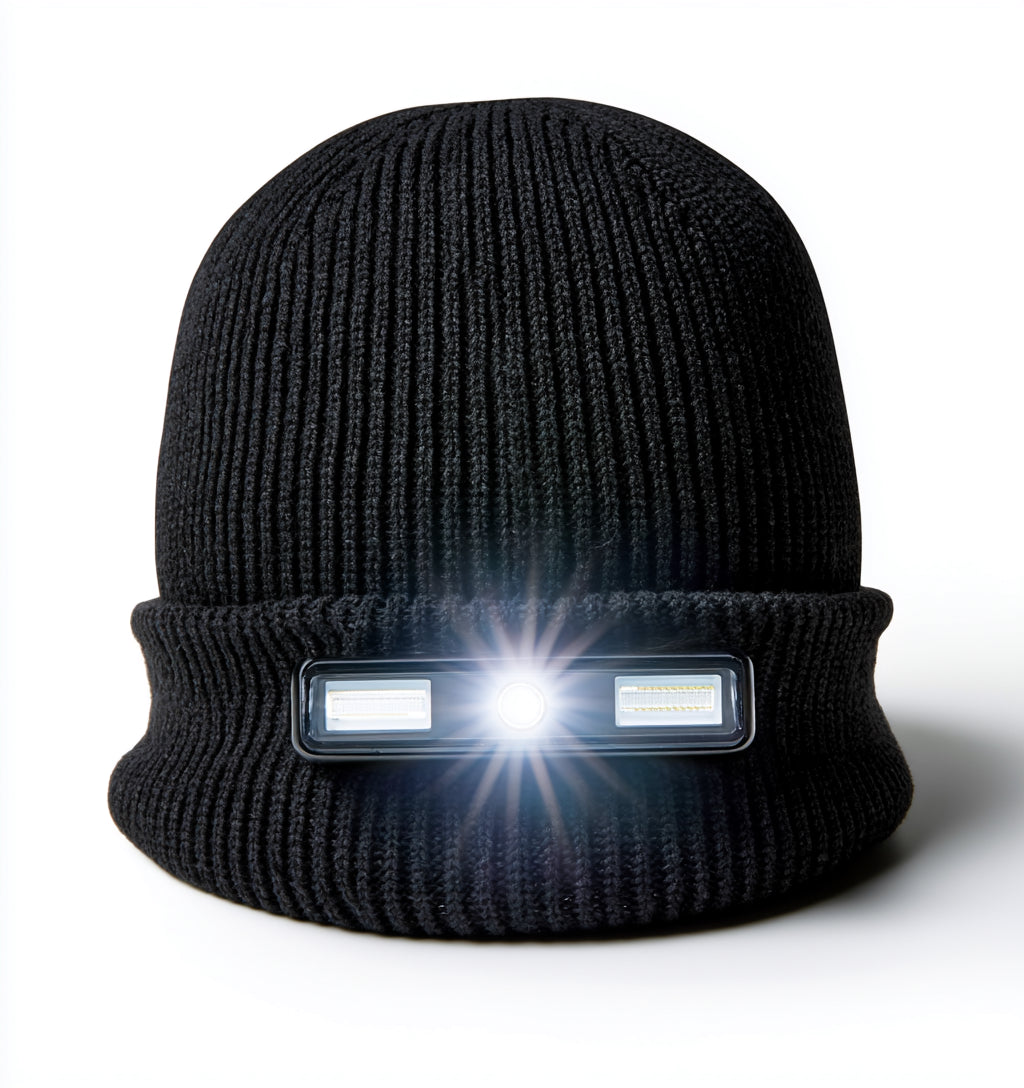 Gorros con Luz LED - Acrilico - 28 x 22 cm - Negro - Punto acanalado con luz frontal