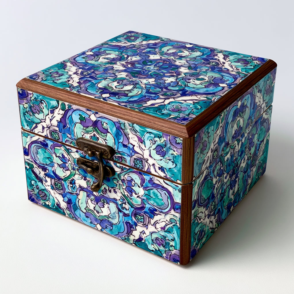 Joyeros - Madera-Metal - 22 x 22 x 12 cm - Turquesa-Azul-Violeta-Blanco-Marron - Floral arabesco