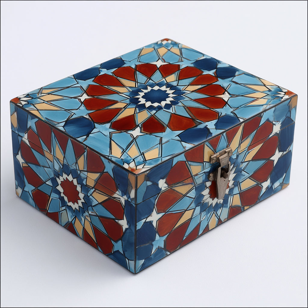 Joyeros - Madera-Metal - 20 x 20 x 10 cm - Azul-Rojo-Beige - Mosaico geometrico