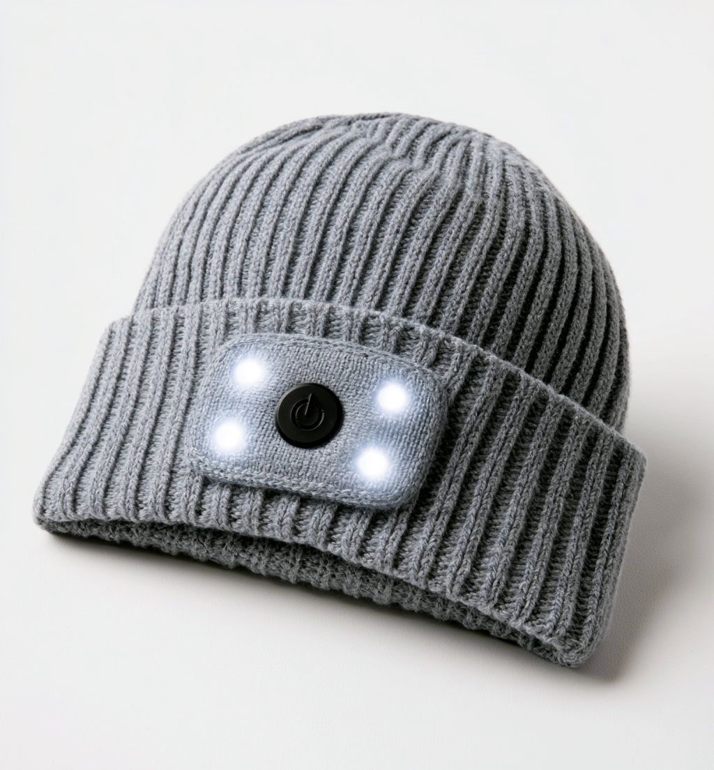 Gorros con Luz LED - Acrilico - 27 x 23 cm - Gris Claro - Punto elastico con panel frontal de iluminacion