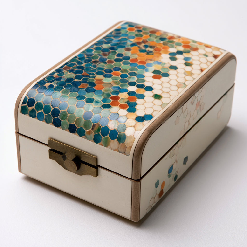 Joyeros - Madera-Metal - 21 x 12 x 10 cm - Crema-Azul-Verde-Naranja - Mosaico hexagonal