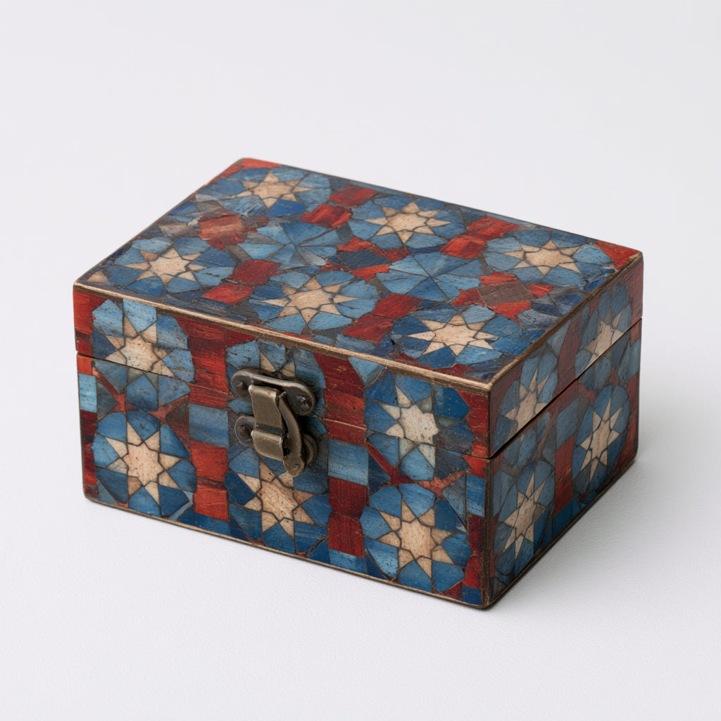 Joyeros-Madera-Metal-18 x 12 x 8 cm-Azul-Rojo-Crema-Marrón-Geométrico vintage