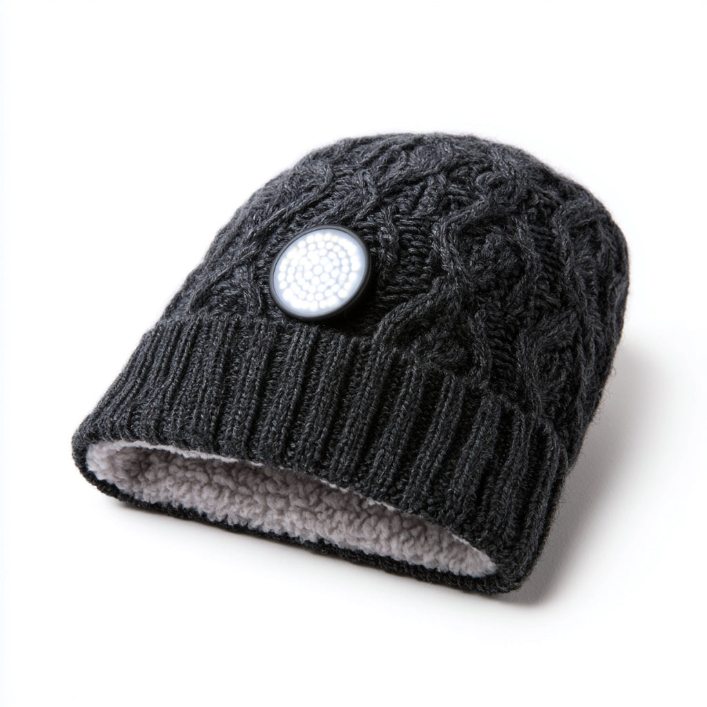 Gorros con Luz LED - Acrilico-Poliester - 30 x 24 cm - Gris Oscuro - Trenzado termico con forro suave y luz circular