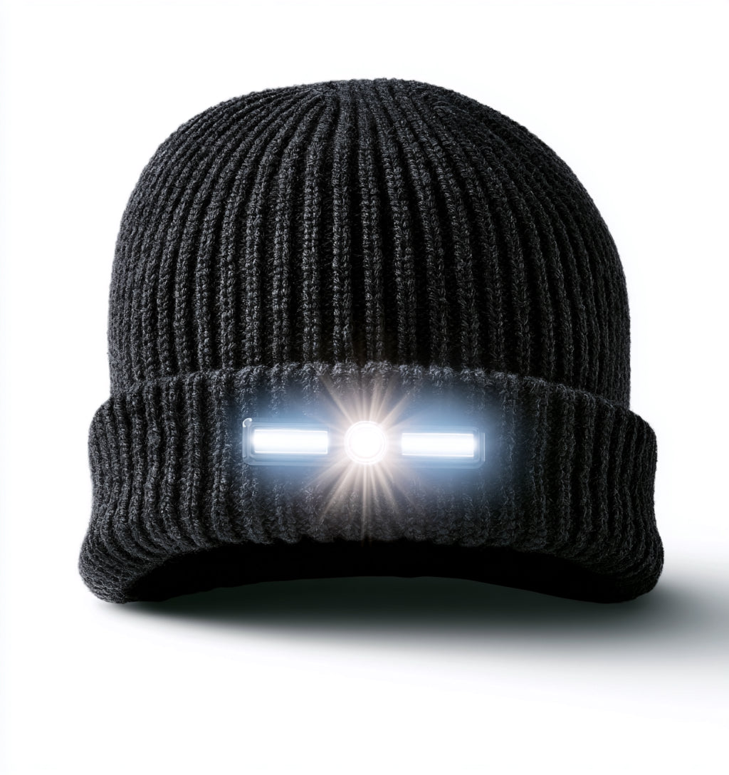 Gorros con Luz LED - Acrilico - 27 x 23 cm - Negro - Punto acanalado con modulo rectangular frontal