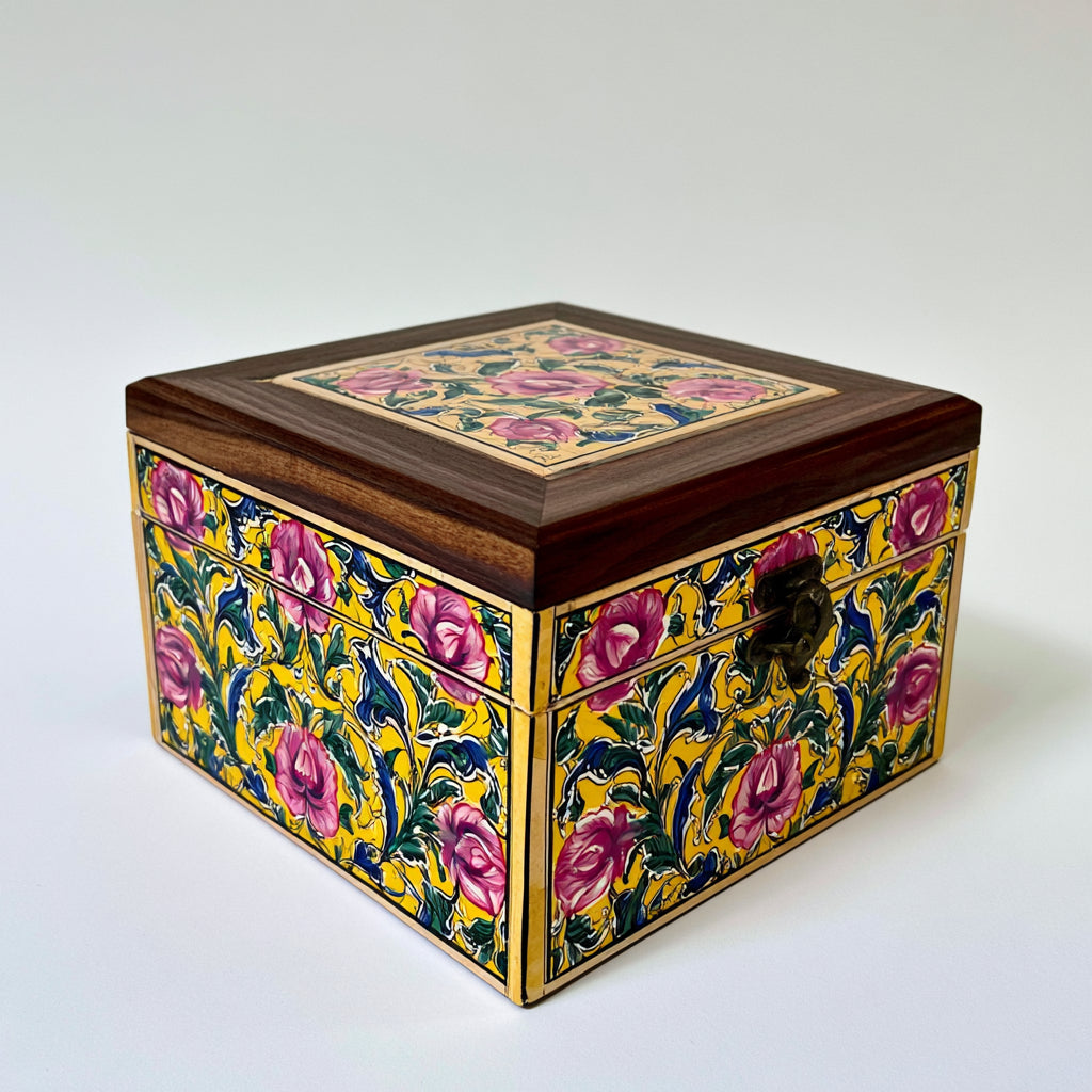 Joyeros - Madera-Metal - 21 x 21 x 12 cm - Amarillo-Rosa-Verde-Marron - Floral artesanal