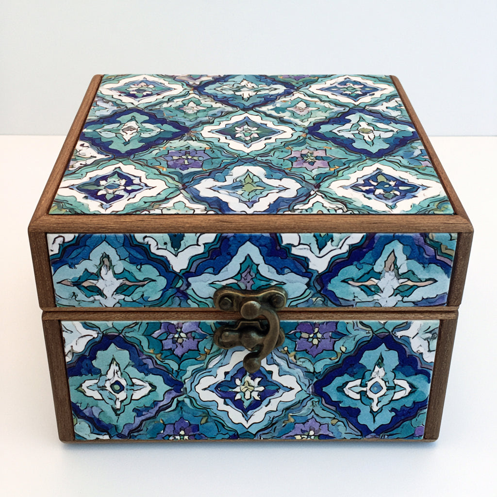 Joyeros - Madera-Metal - 22 x 22 x 11 cm - Azul-Turquesa-Blanco-Marron - Geometrico andalusi