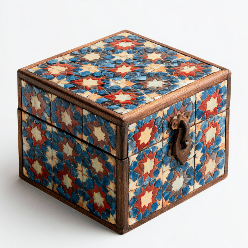 Joyeros - Madera-Metal - 17 x 17 x 13 cm - Azul-Rojo-Crema-Marron - Mosaico geometrico