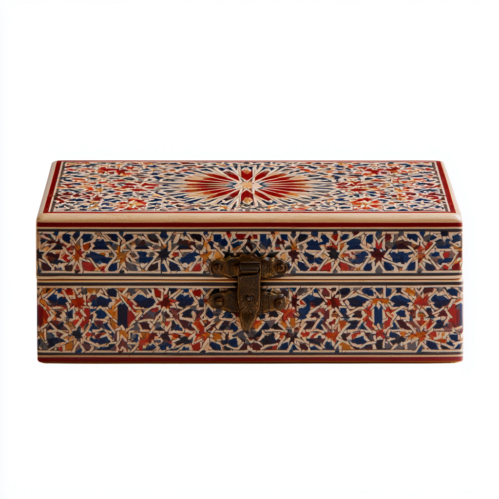 Joyeros - Madera-Metal - 26 x 13 x 8 cm - Rojo-Azul-Crema-Marron - Mosaico geometrico