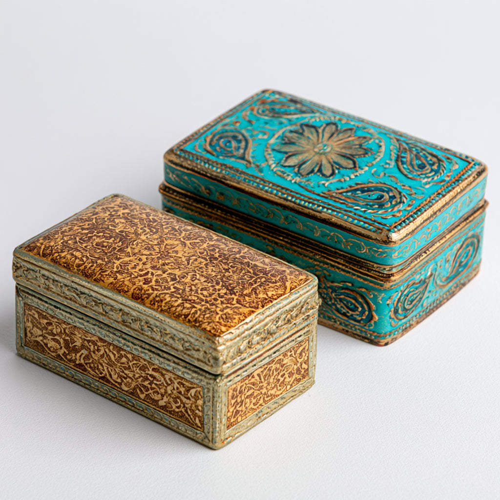 Joyeros - Madera-Metal - 21 x 12 x 7 cm-16 x 9 x 6 cm - Turquesa-Dorado-Marron - Grabado floral