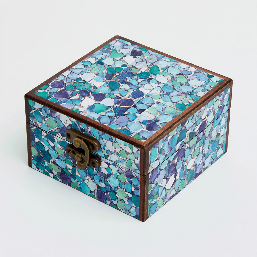 Joyeros-Madera-Metal-17 x 17 x 9 cm-Azul-Turquesa-Blanco-Marrón-Mosaico costero